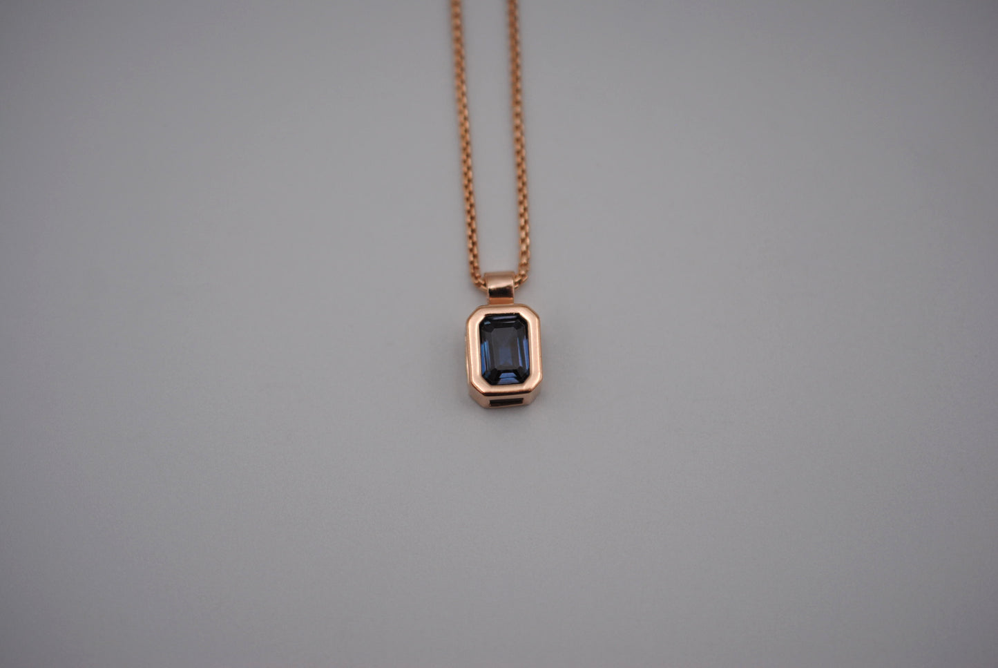 Alexandrite Necklace: Emerald Cut, Rose Gold Half Bezel, Rounded Box Chain