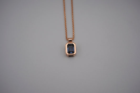 Alexandrite Necklace: Emerald Cut, Rose Gold Half Bezel, Rounded Box Chain