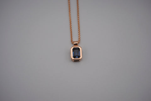 Alexandrite Necklace: Emerald Cut, Rose Gold Half Bezel, Rounded Box Chain