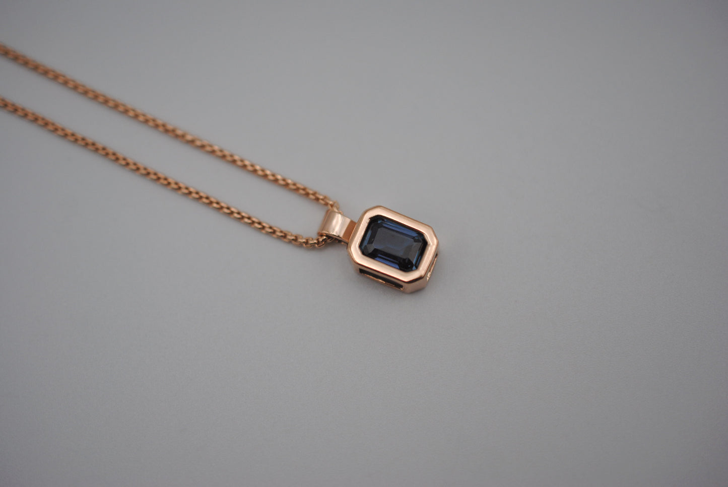 Alexandrite Necklace: Emerald Cut, Rose Gold Half Bezel, Rounded Box Chain