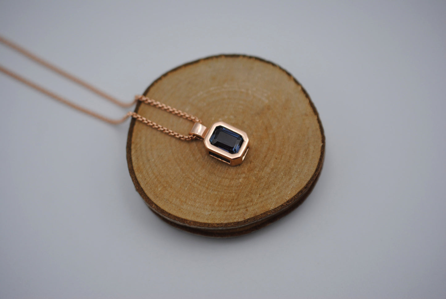 Alexandrite Necklace: Emerald Cut, Rose Gold Half Bezel, Rounded Box Chain