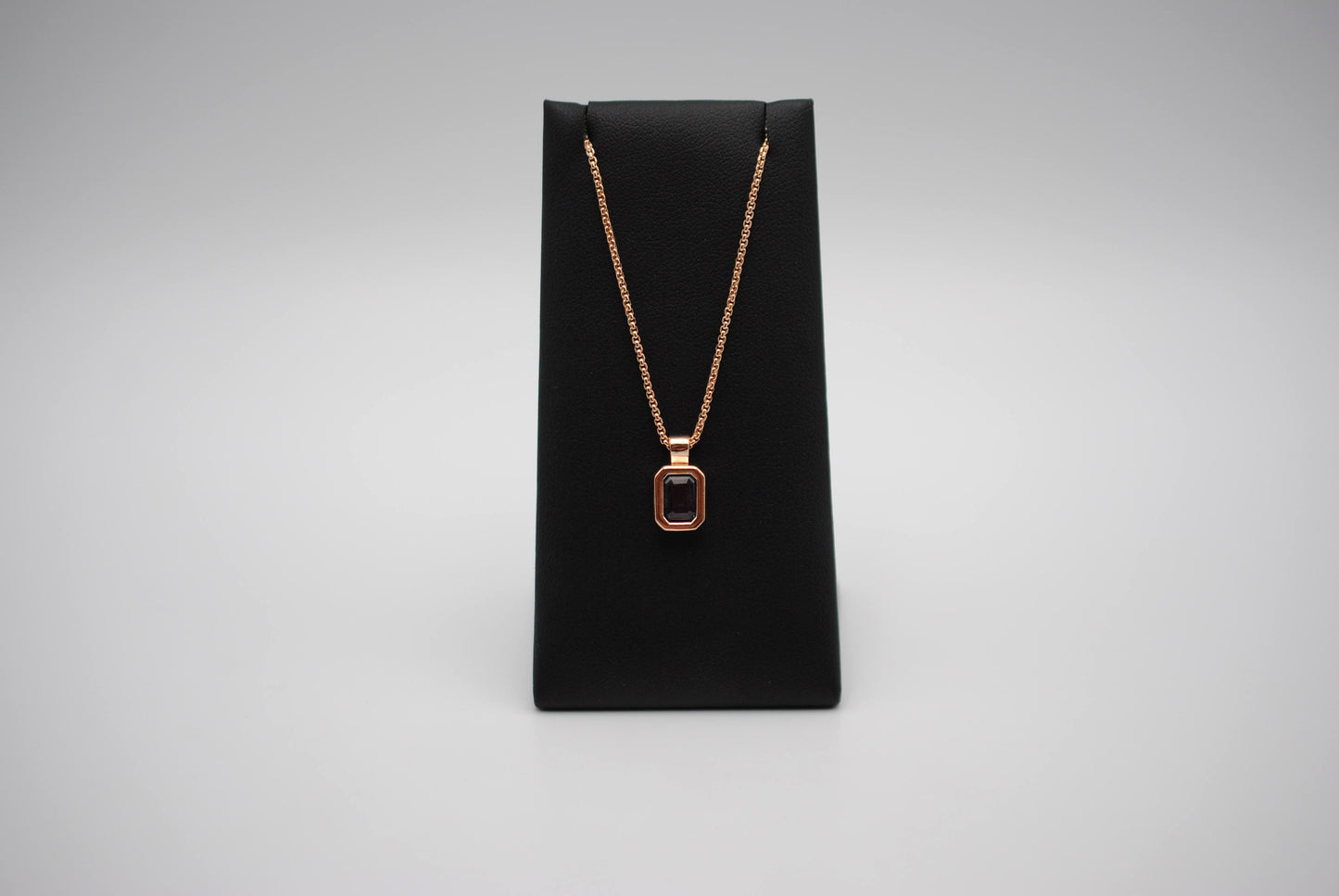 Alexandrite Necklace: Emerald Cut, Rose Gold Half Bezel, Rounded Box Chain