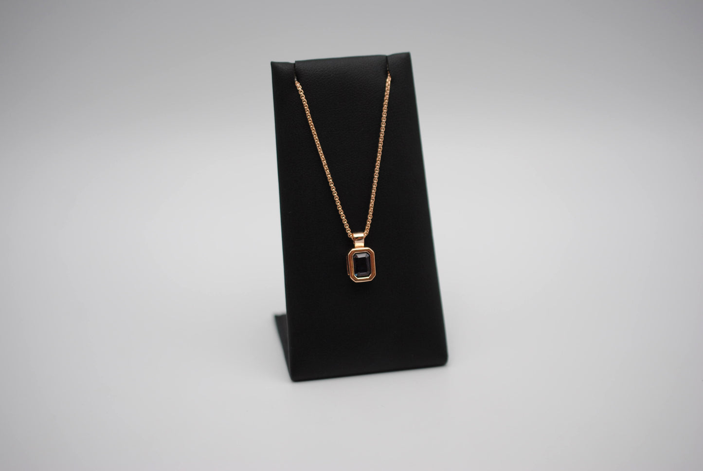 Alexandrite Necklace: Emerald Cut, Rose Gold Half Bezel, Rounded Box Chain