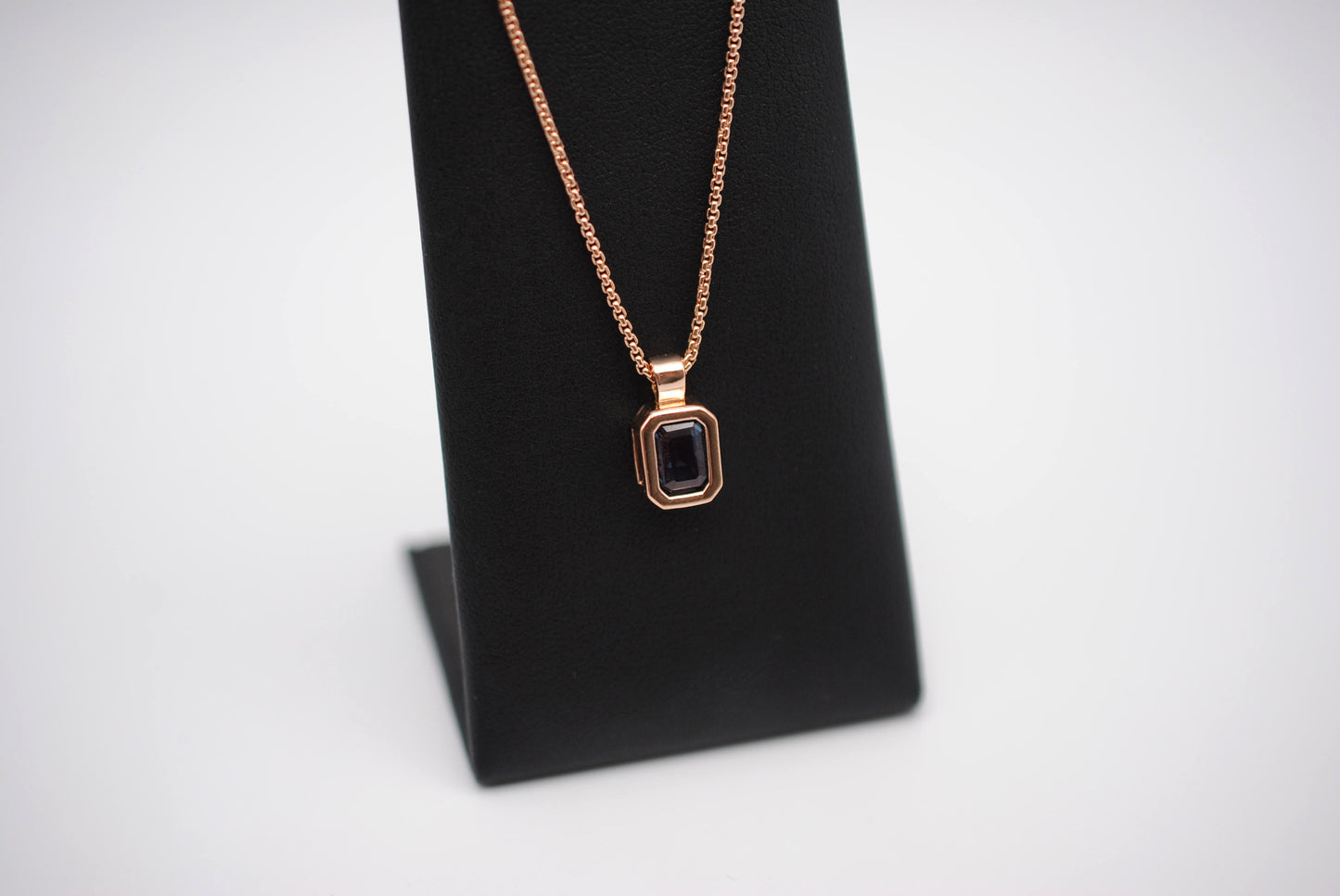 Alexandrite Necklace: Emerald Cut, Rose Gold Half Bezel, Rounded Box Chain
