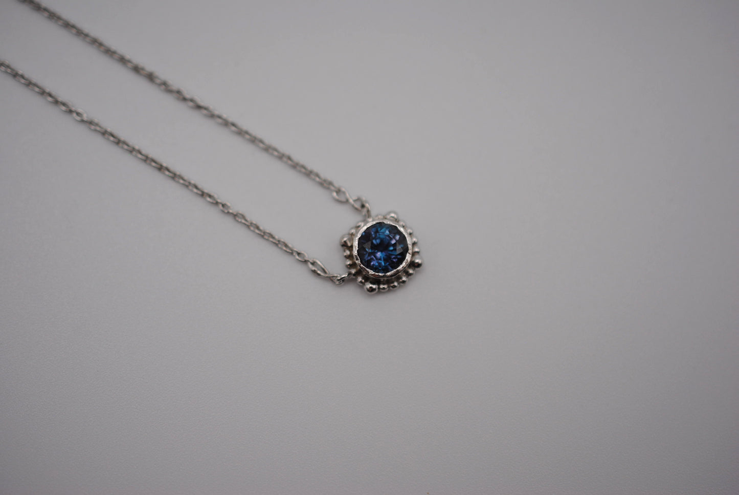 Alexandrite Necklace: Round Cut, Decorative Bezel, Cable Chain