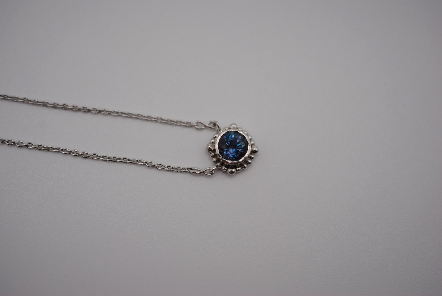 Alexandrite Necklace: Round Cut, Decorative Bezel, Cable Chain