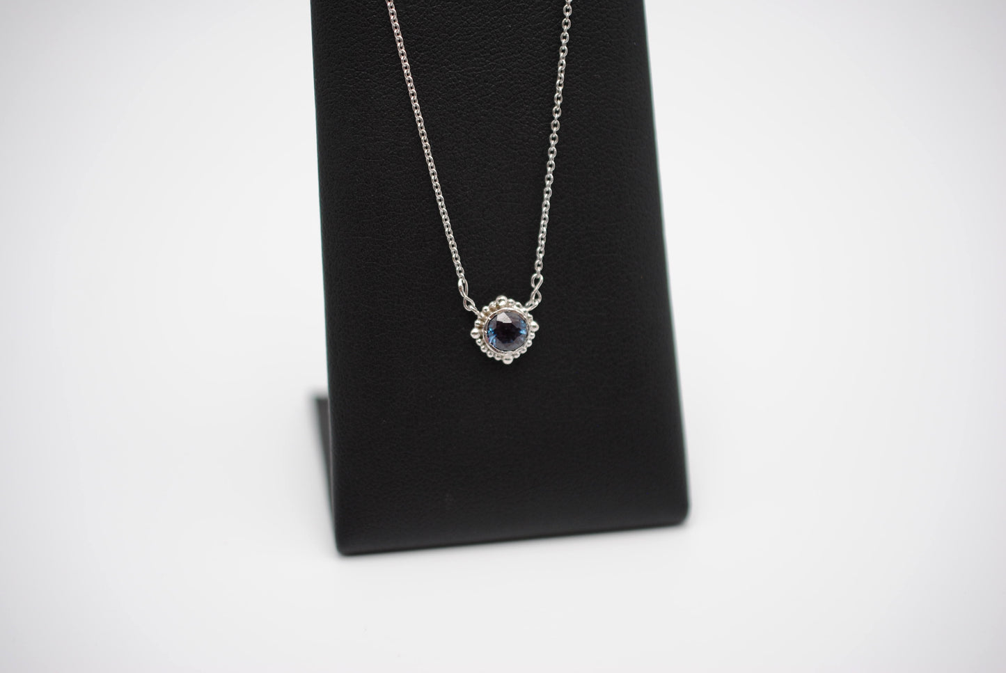 Alexandrite Necklace: Round Cut, Decorative Bezel, Cable Chain