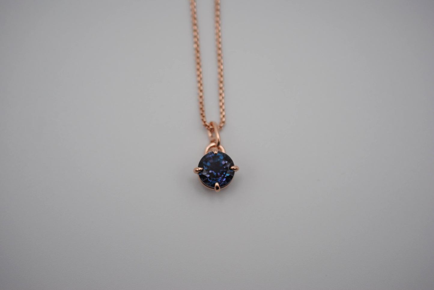 Alexandrite Necklace: Round Cut, Rose Gold Prong Setting, Rose Gold Fill Rounded Box Chain