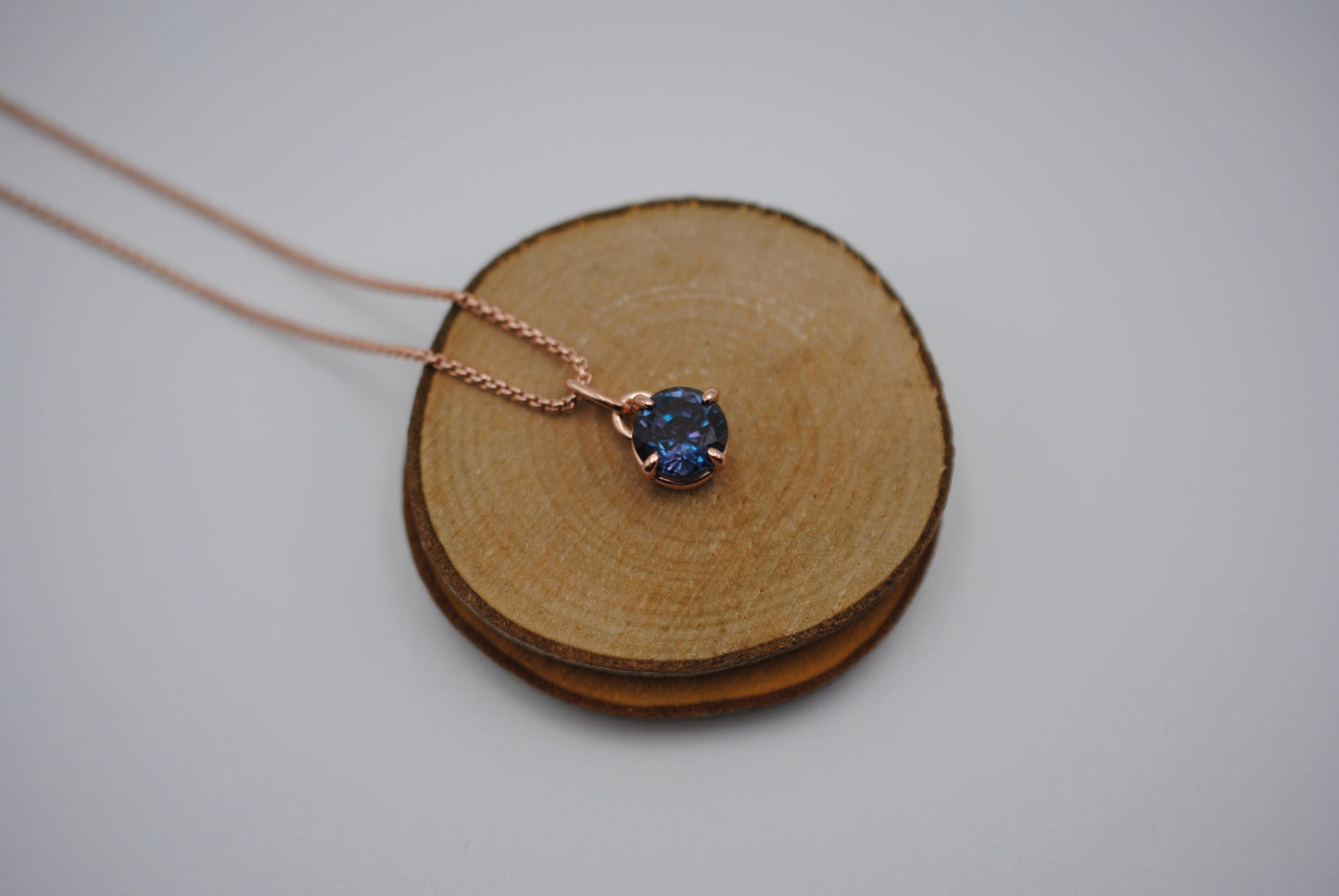 Alexandrite Necklace: Round Cut, Rose Gold Prong Setting, Rose Gold Fill Rounded Box Chain