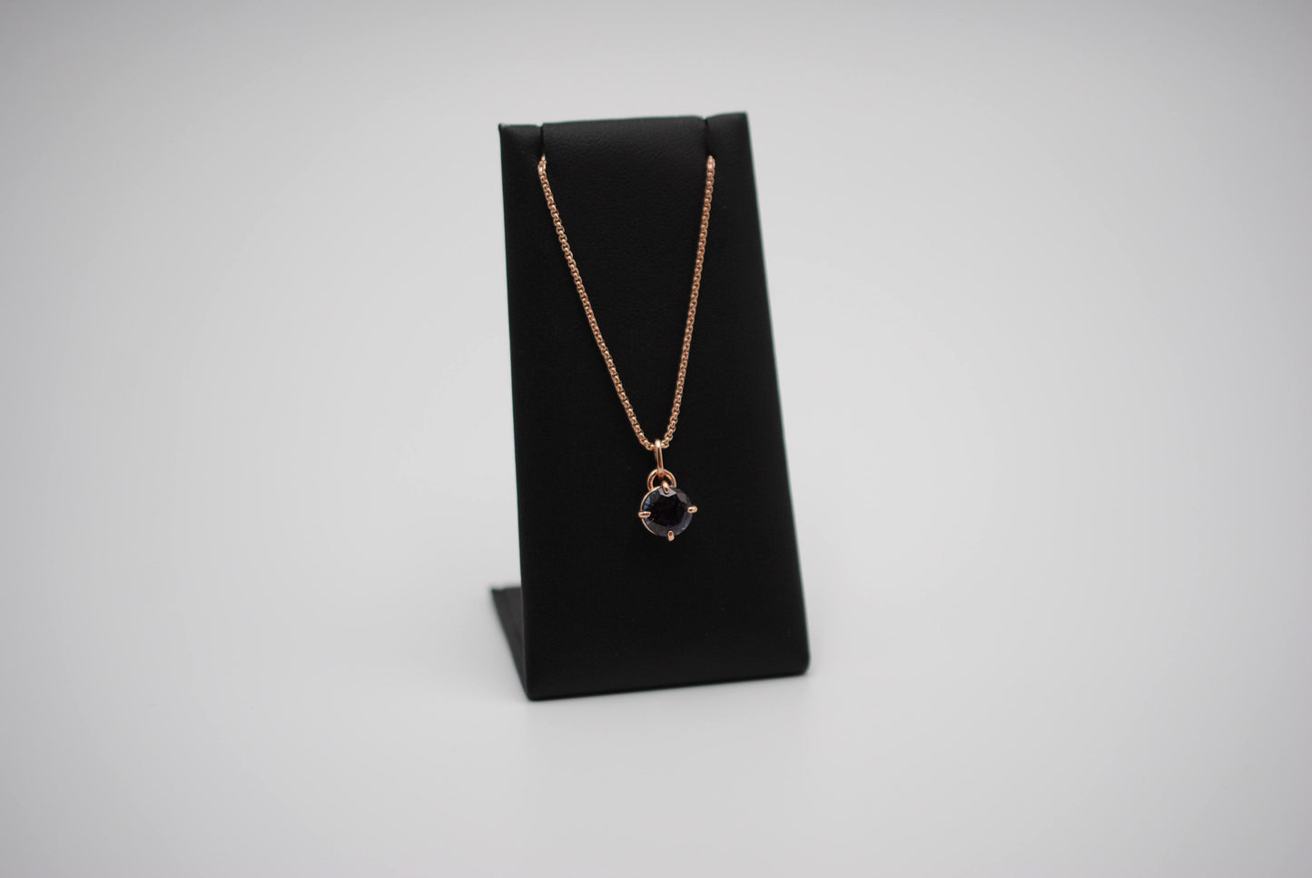 Alexandrite Necklace: Round Cut, Rose Gold Prong Setting, Rose Gold Fill Rounded Box Chain