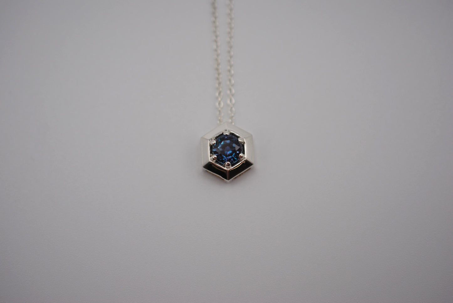 Alexandrite Necklace: Round Cut, Silver Hexagon Setting, Adjustable Cable Chain