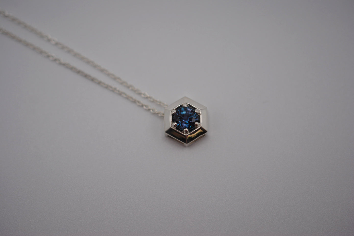 Alexandrite Necklace: Round Cut, Silver Hexagon Setting, Adjustable Cable Chain