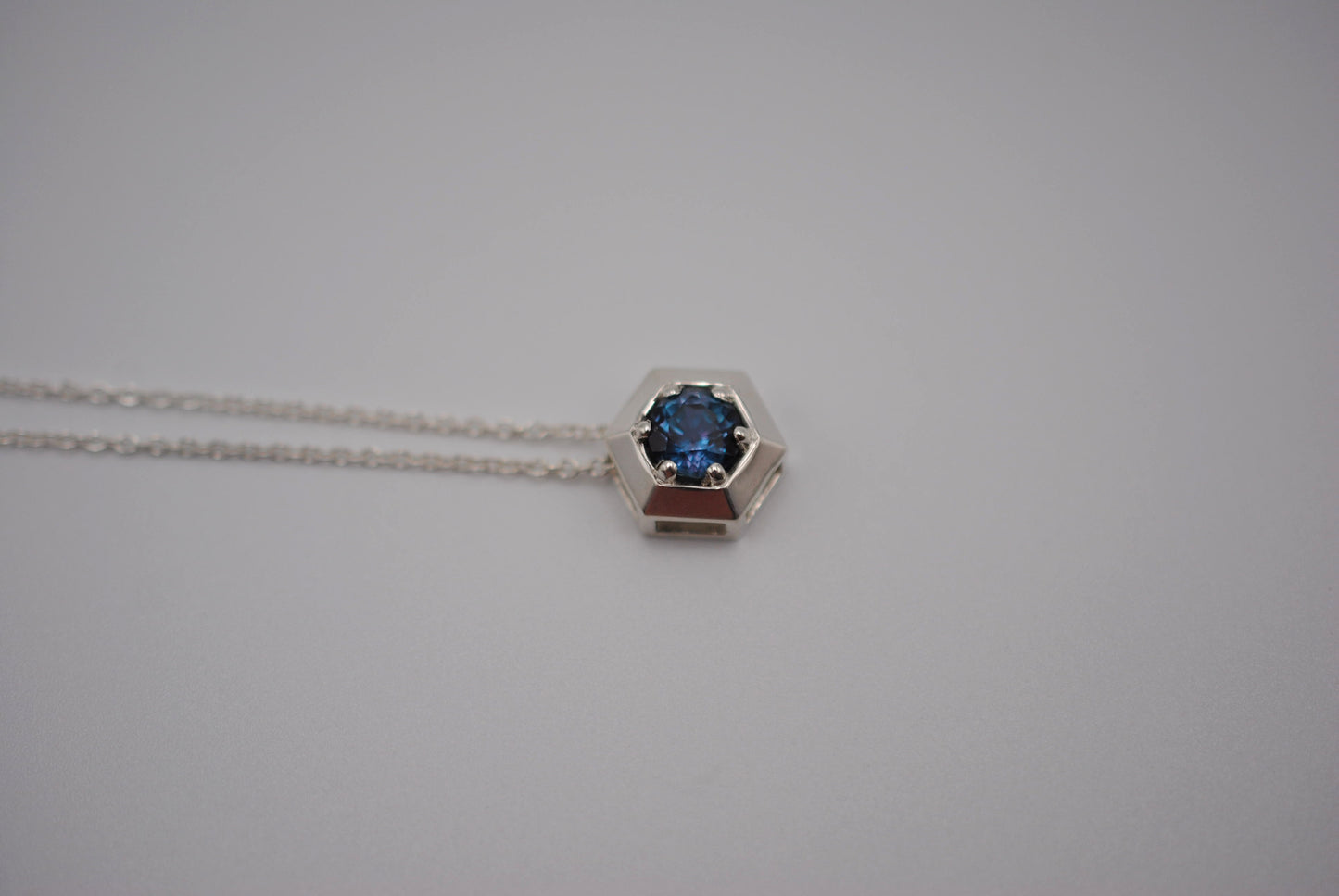 Alexandrite Necklace: Round Cut, Silver Hexagon Setting, Adjustable Cable Chain