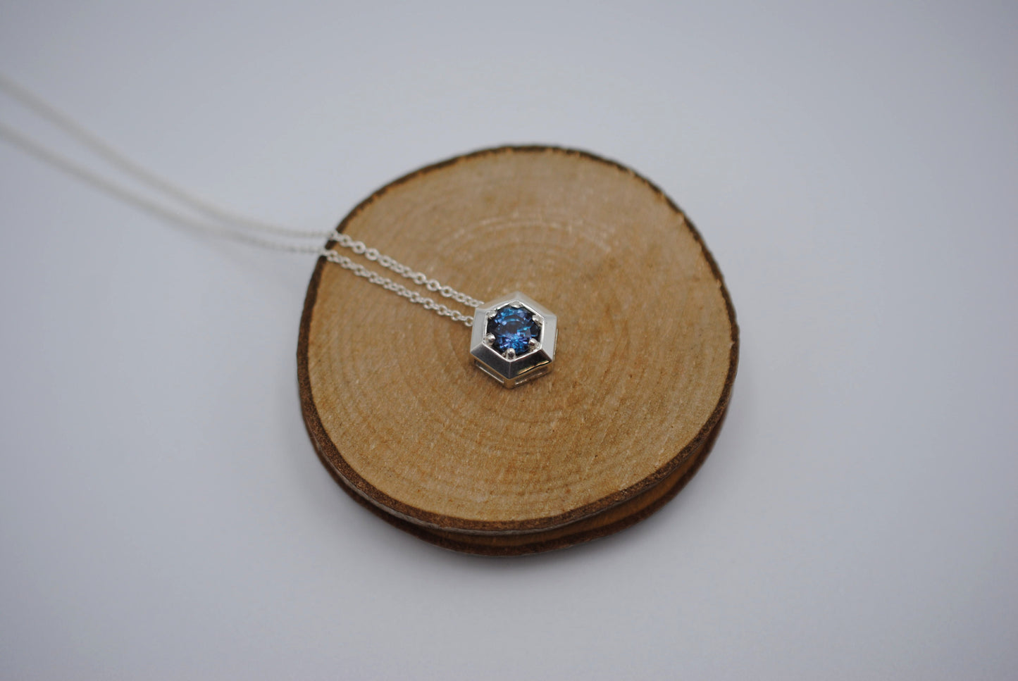 Alexandrite Necklace: Round Cut, Silver Hexagon Setting, Adjustable Cable Chain