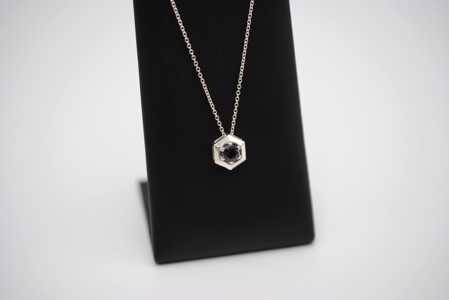 Alexandrite Necklace: Round Cut, Silver Hexagon Setting, Adjustable Cable Chain