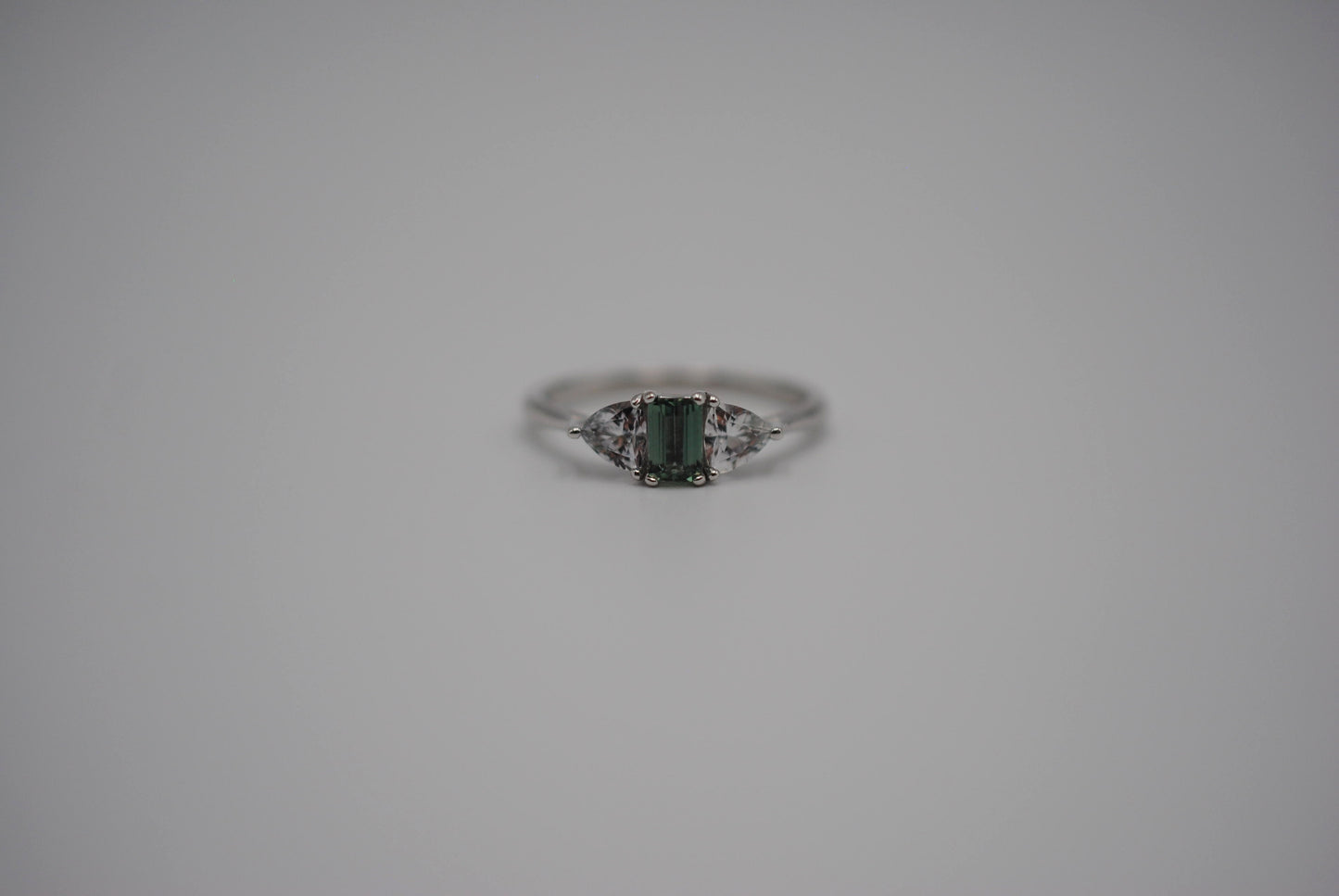 Alexandrite Ring: Emerald Cut, Trillion Sapphire Side Stones, White Gold