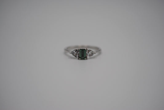 Alexandrite Ring: Emerald Cut, Trillion Sapphire Side Stones, White Gold