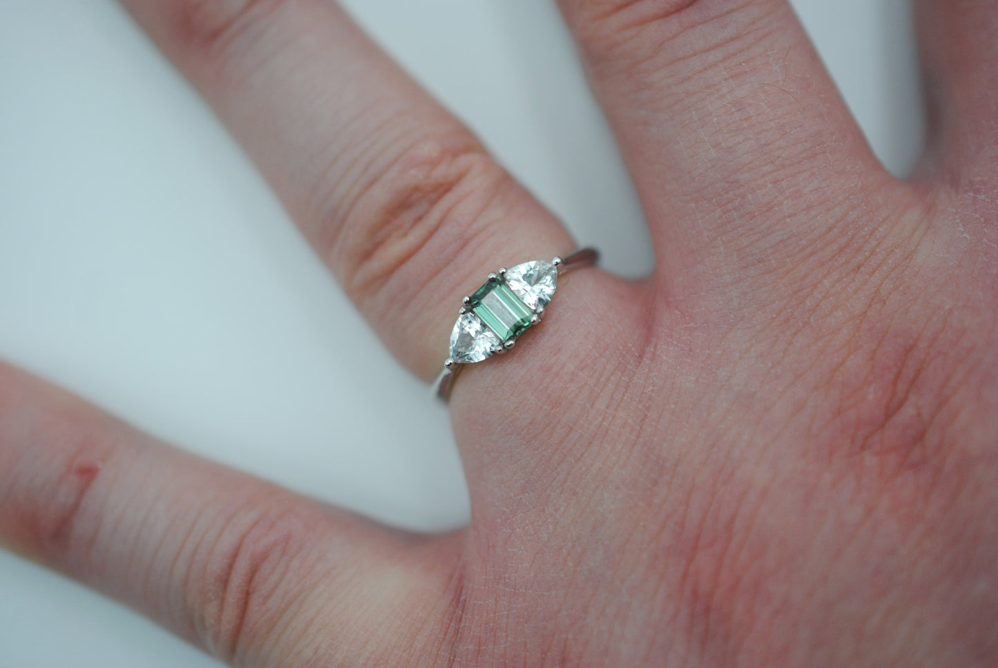 Alexandrite Ring: Emerald Cut, Trillion Sapphire Side Stones, White Gold