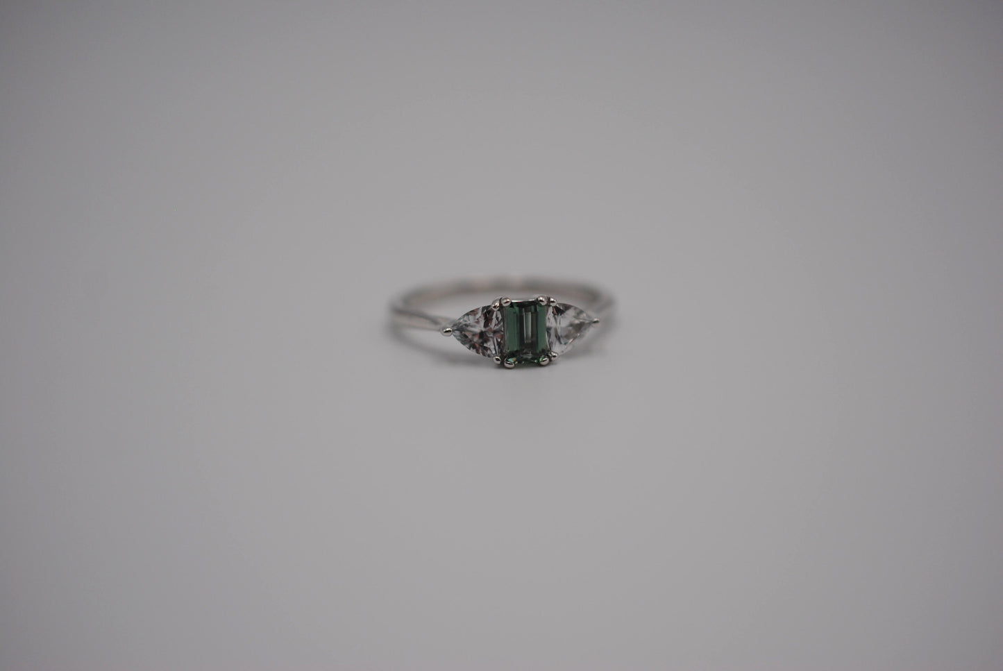 Alexandrite Ring: Emerald Cut, Trillion Sapphire Side Stones, White Gold