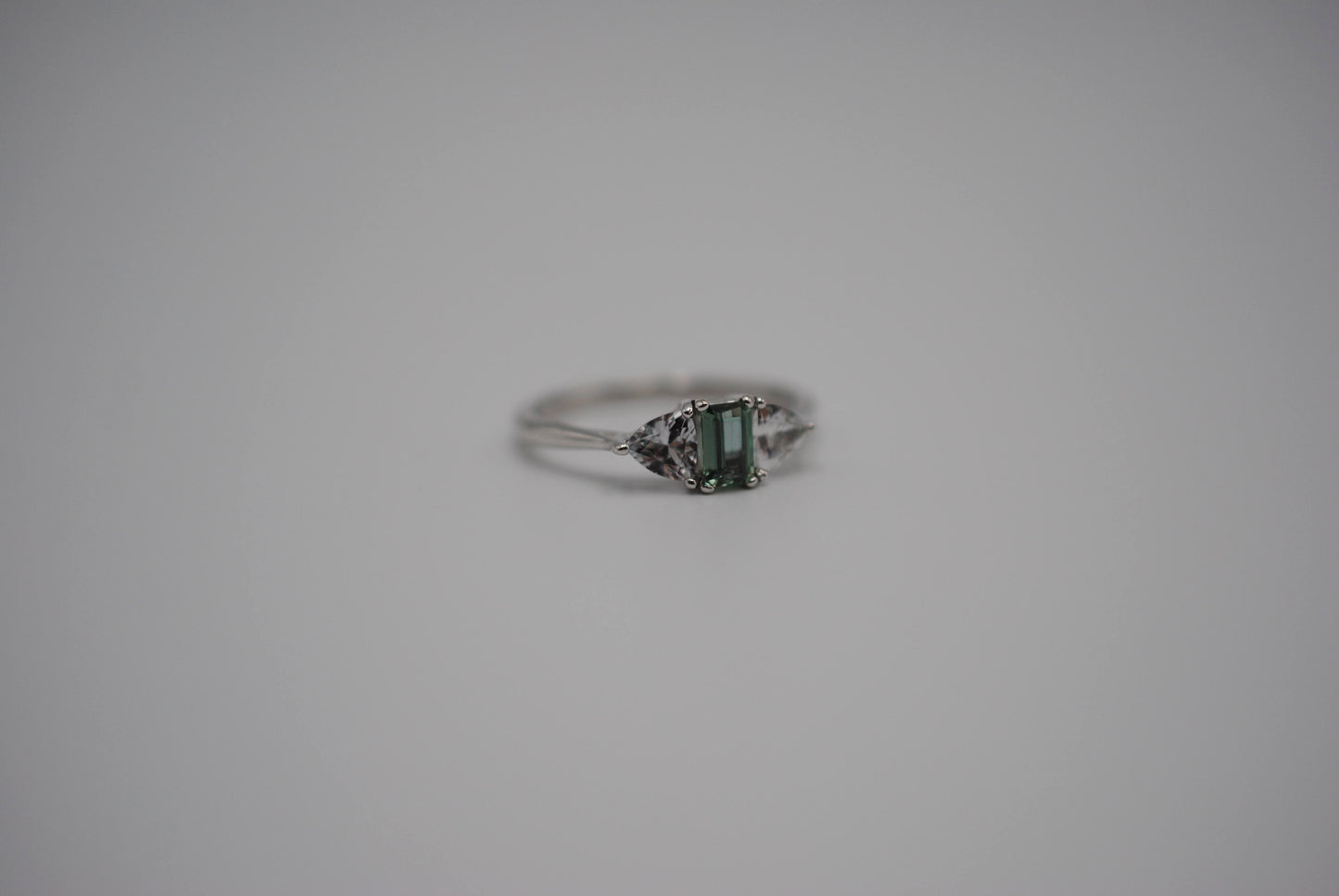 Alexandrite Ring: Emerald Cut, Trillion Sapphire Side Stones, White Gold