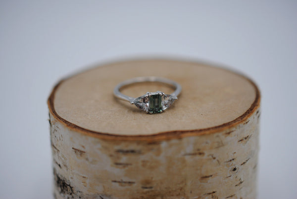 Alexandrite Ring: Emerald Cut, Trillion Sapphire Side Stones, White Gold