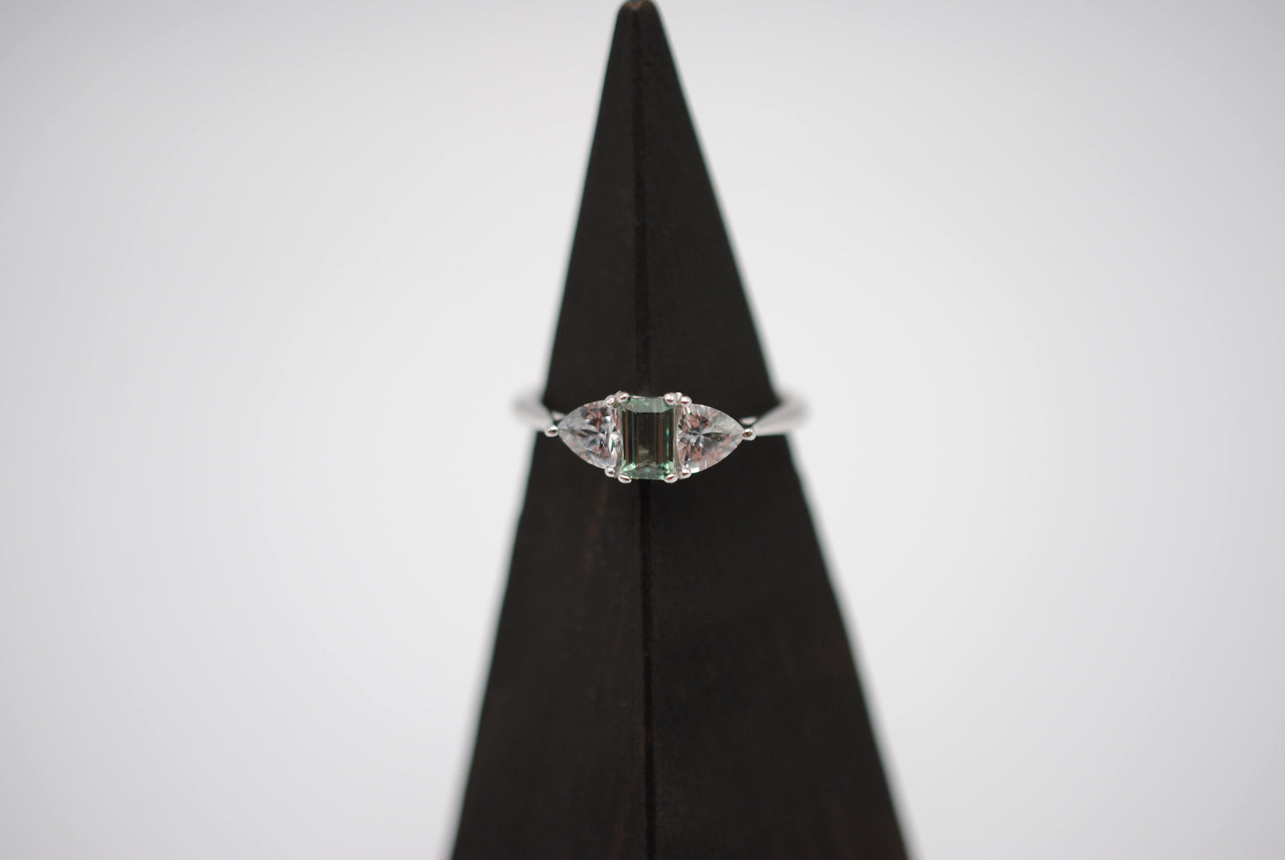 Alexandrite Ring: Emerald Cut, Trillion Sapphire Side Stones, White Gold