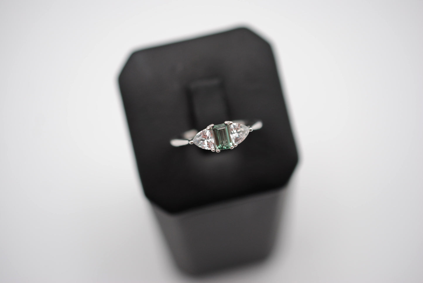 Alexandrite Ring: Emerald Cut, Trillion Sapphire Side Stones, White Gold