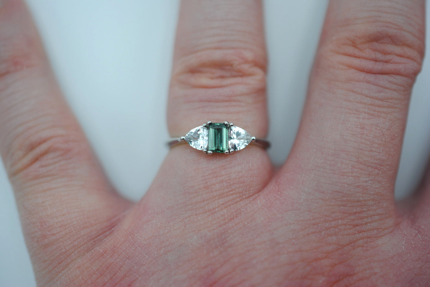 Alexandrite Ring: Emerald Cut, Trillion Sapphire Side Stones, White Gold