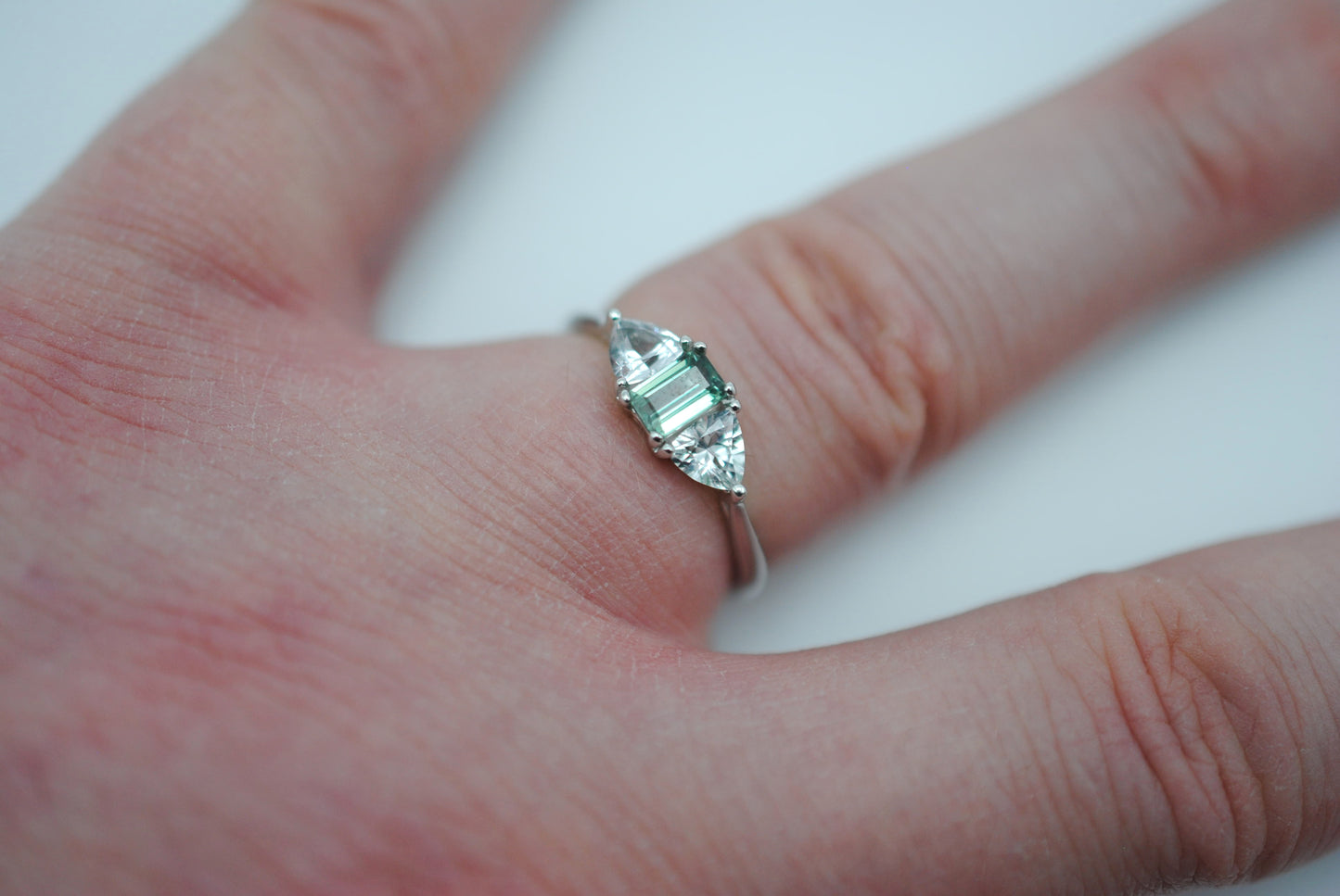 Alexandrite Ring: Emerald Cut, Trillion Sapphire Side Stones, White Gold