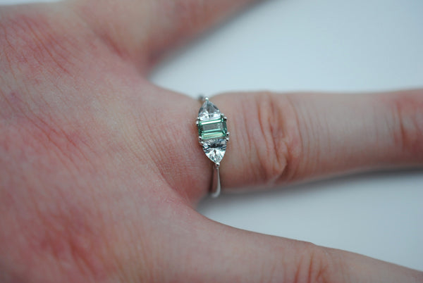 Alexandrite Ring: Emerald Cut, Trillion Sapphire Side Stones, White Gold