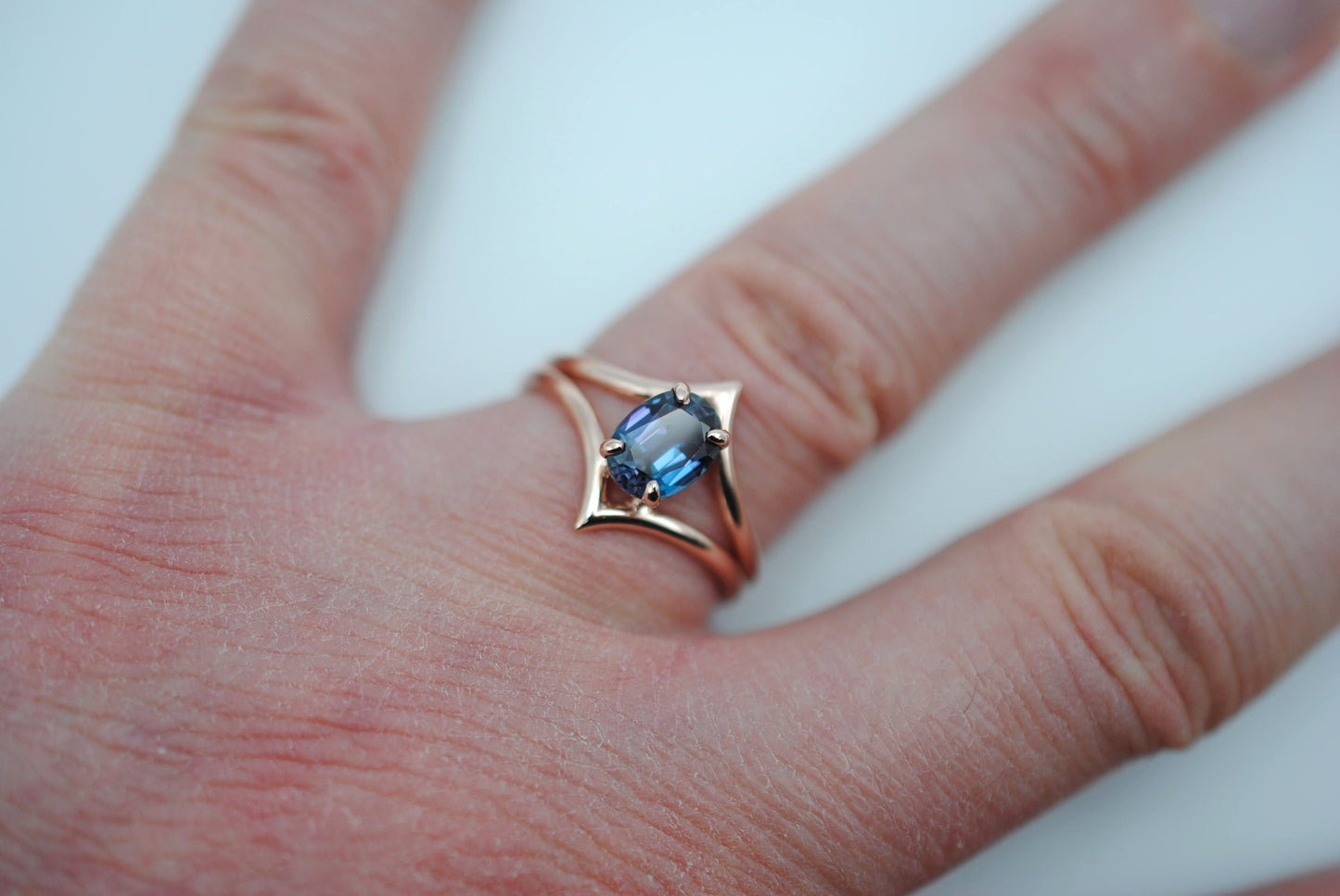 Alexandrite Ring: Oval Cut, Double Chevron, Rose Gold