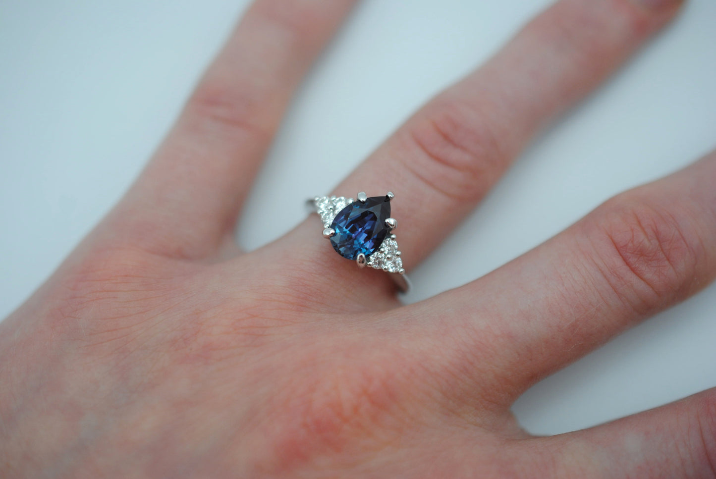 Alexandrite Ring: Pear Cut, Diamond Melee, White Gold