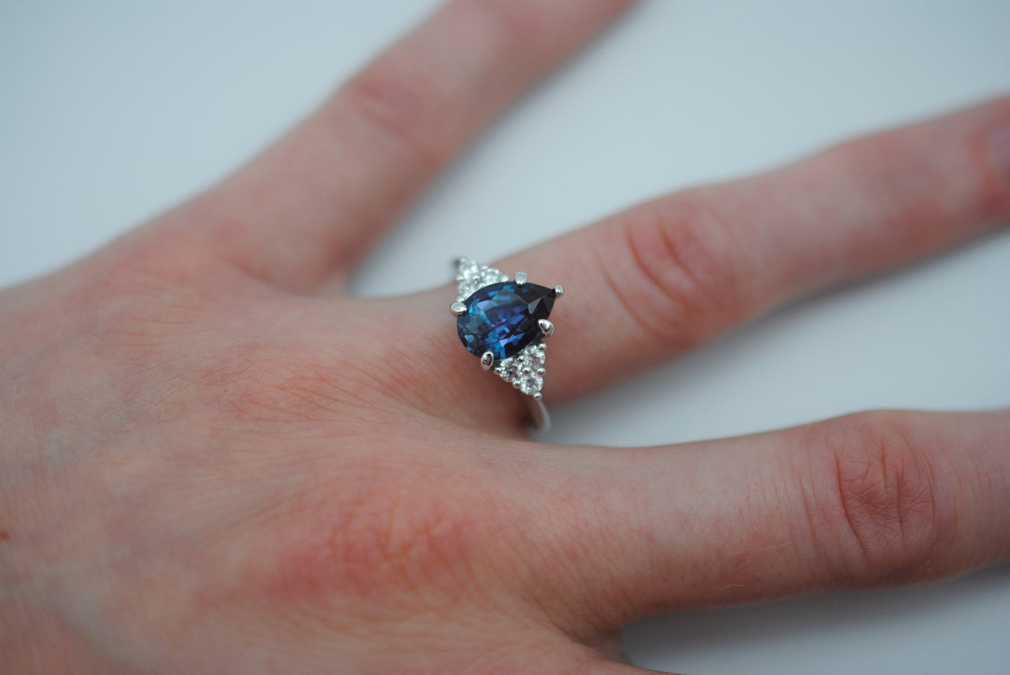 Alexandrite Ring: Pear Cut, Diamond Melee, White Gold