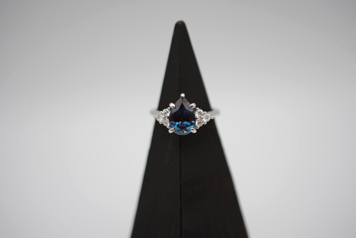 Alexandrite Ring: Pear Cut, Diamond Melee, White Gold