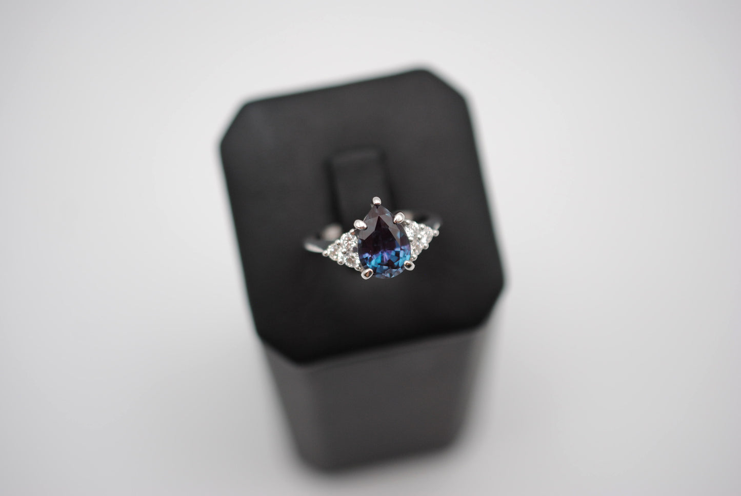 Alexandrite Ring: Pear Cut, Diamond Melee, White Gold