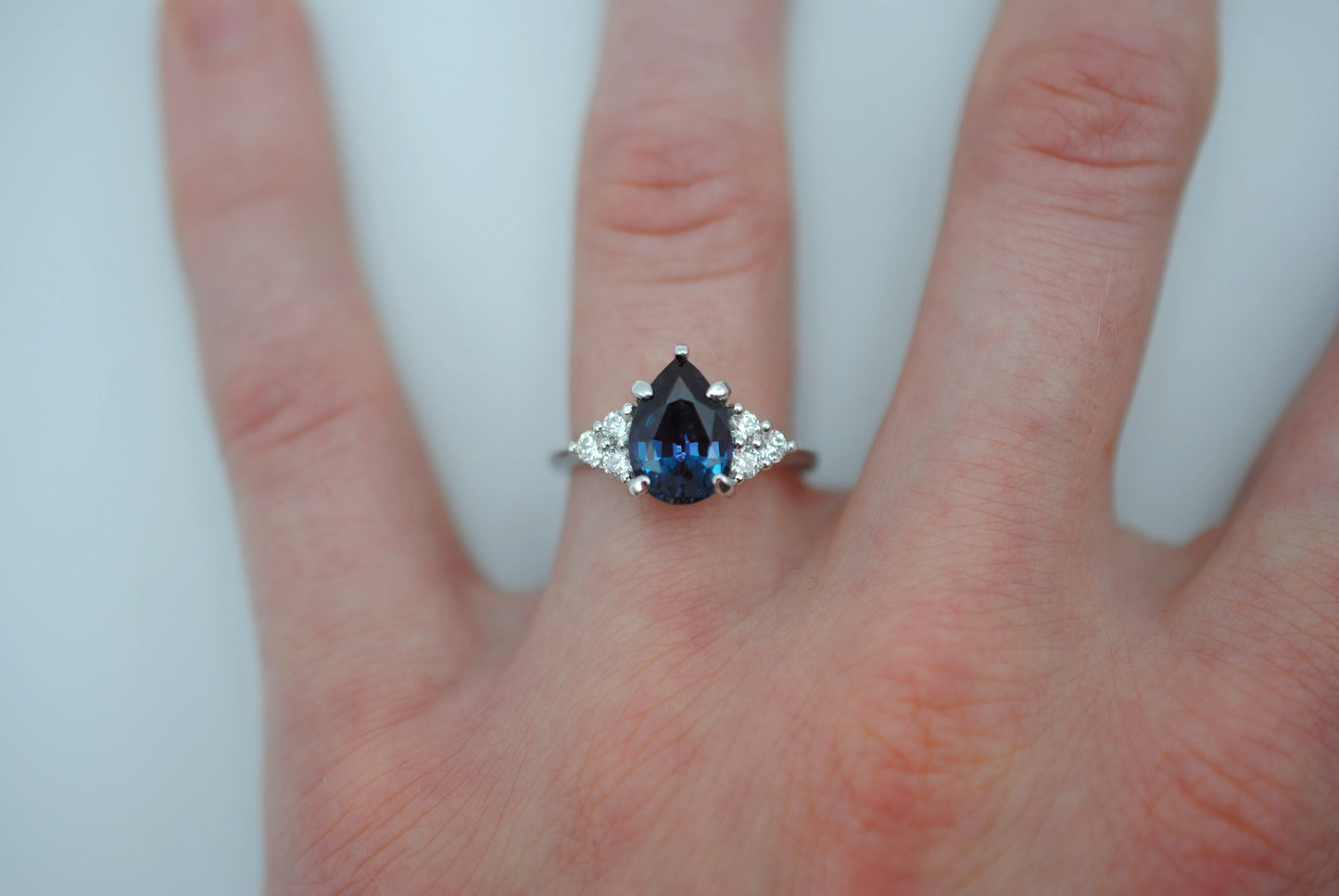 Alexandrite Ring: Pear Cut, Diamond Melee, White Gold