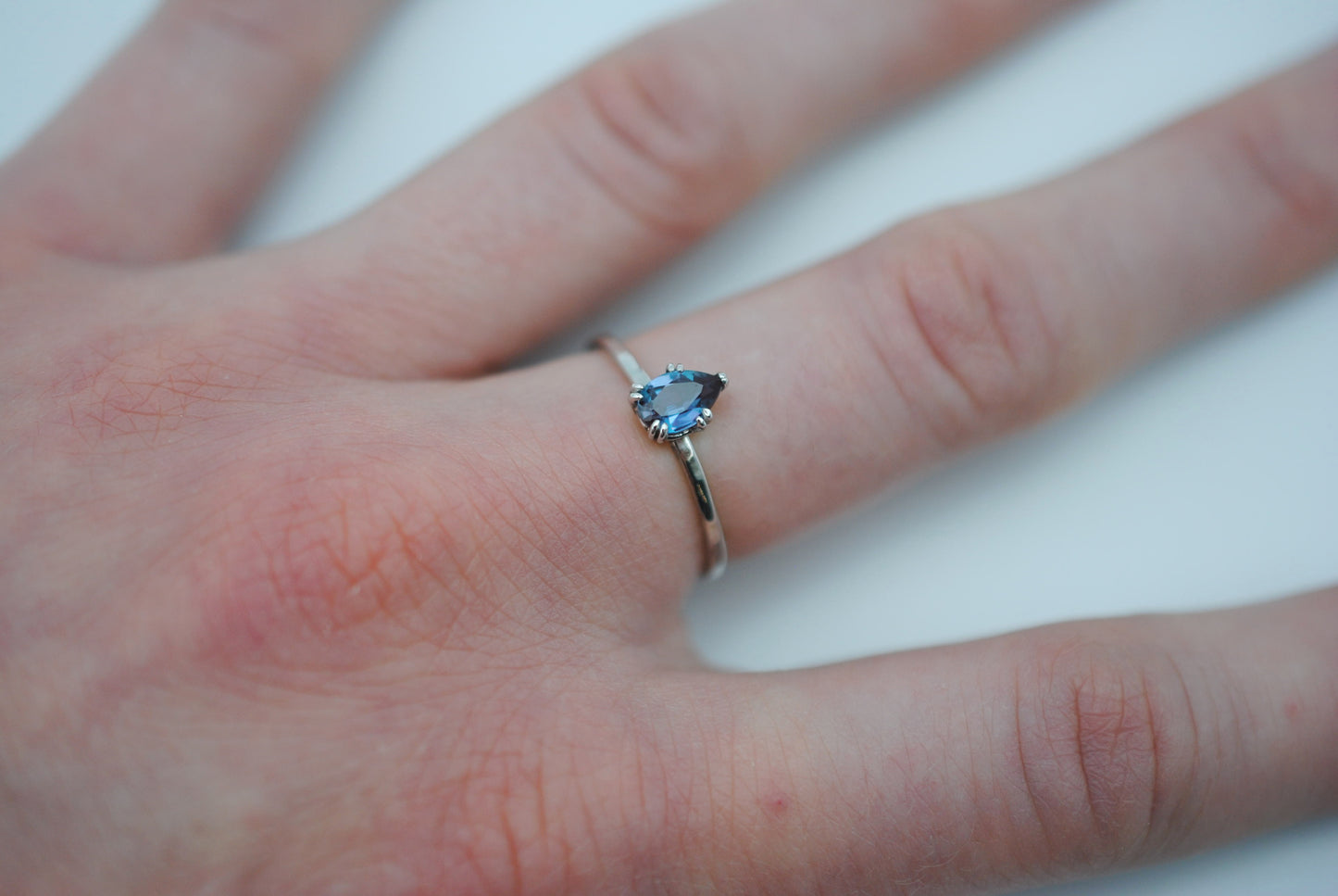 Alexandrite Ring: Pear Cut, White Gold, Dainty
