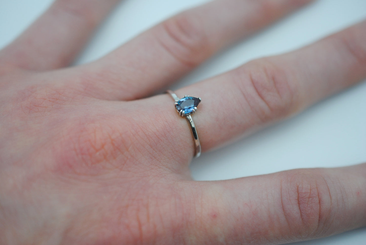 Alexandrite Ring: Pear Cut, White Gold, Dainty