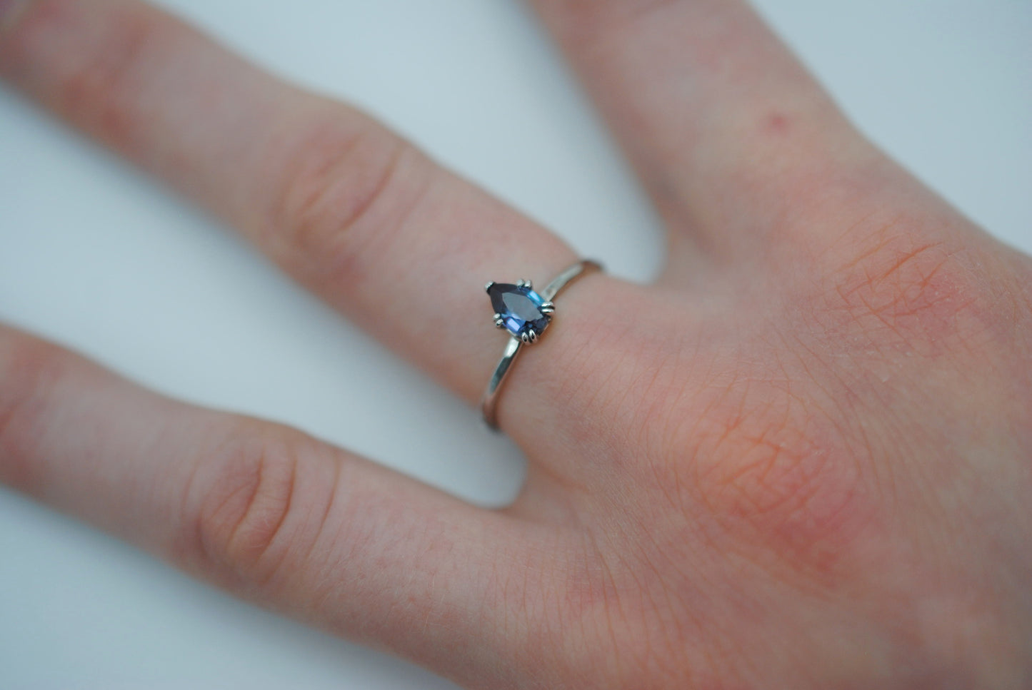 Alexandrite Ring: Pear Cut, White Gold, Dainty
