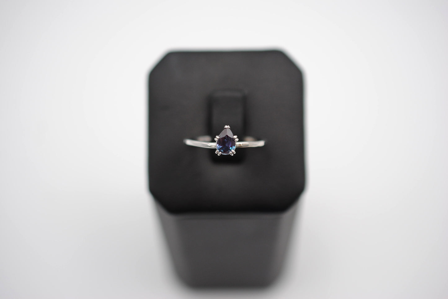 Alexandrite Ring: Pear Cut, White Gold, Dainty