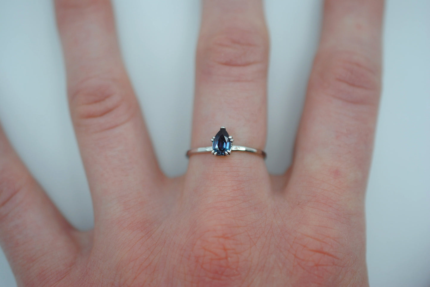 Alexandrite Ring: Pear Cut, White Gold, Dainty