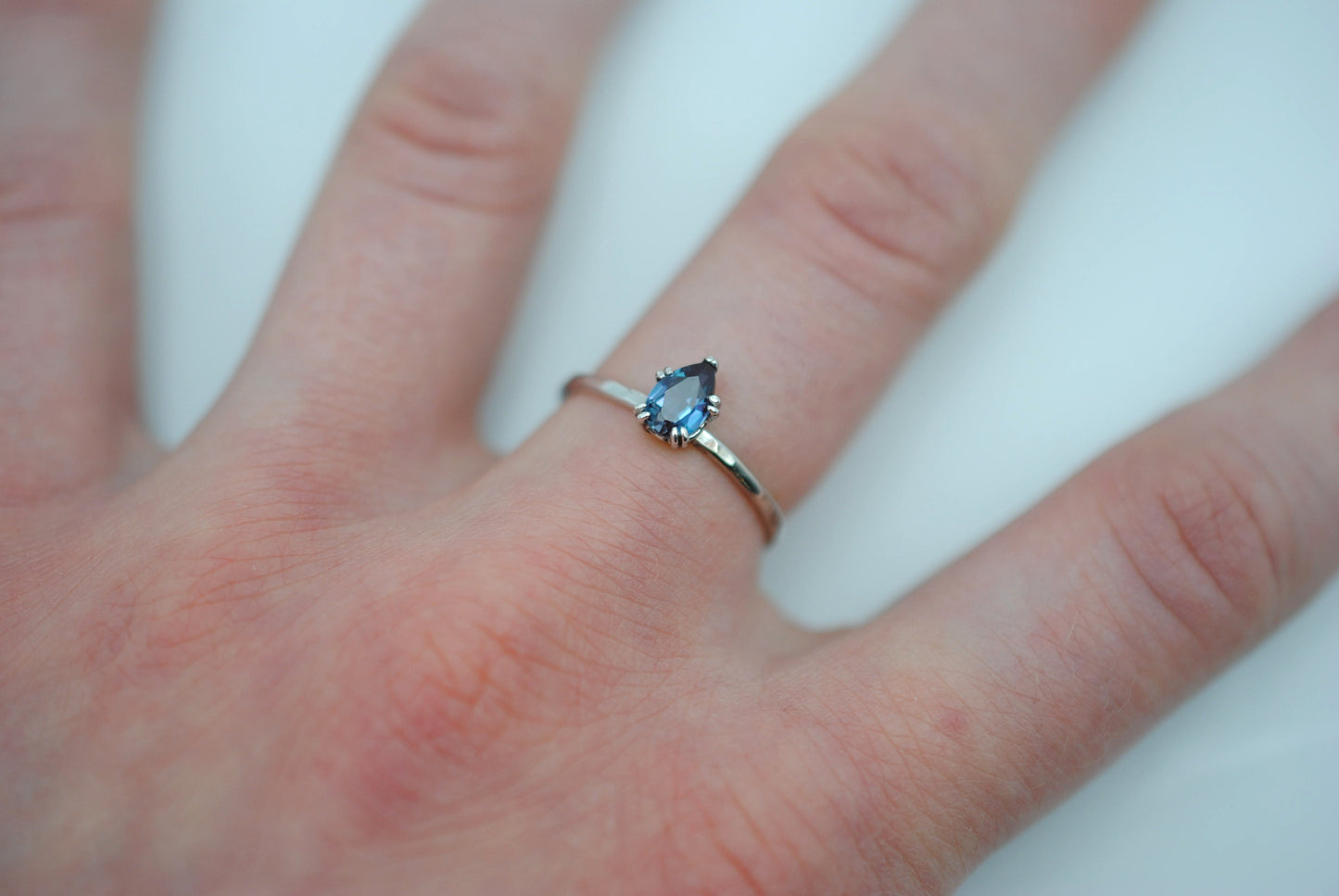 Alexandrite Ring: Pear Cut, White Gold, Dainty