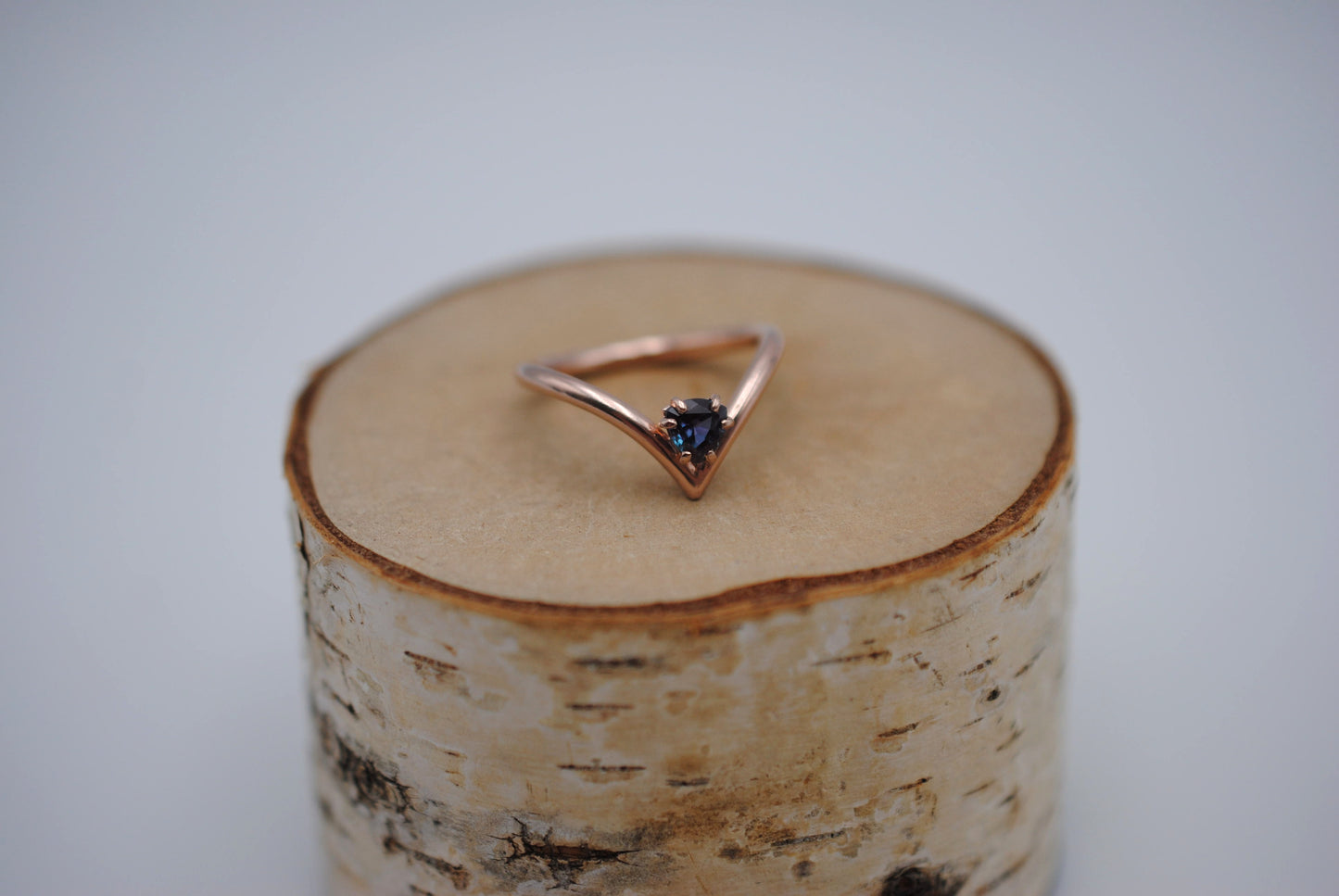 Alexandrite Ring: Trillion Cut, Rose Gold Fill Chevron Band, Silver Setting