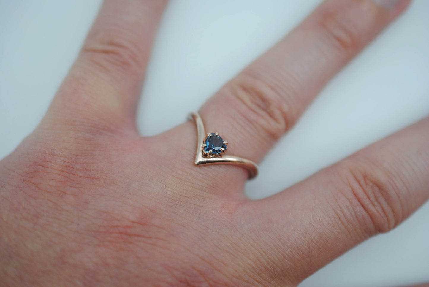 Alexandrite Ring: Trillion Cut, Rose Gold Fill Chevron Band, Silver Setting