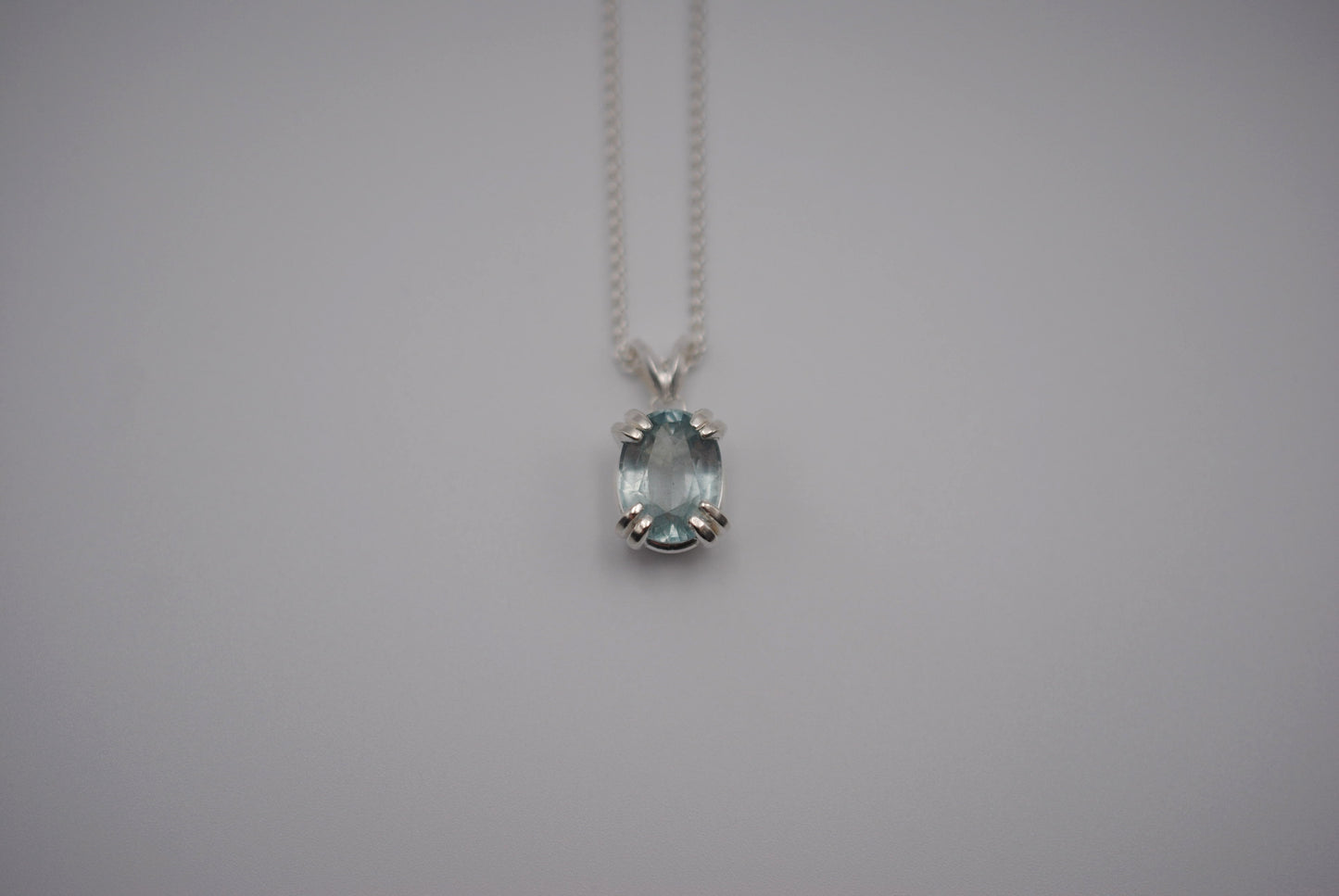 Aquamarine Necklace: Oval Cut, Silver Double Prong Setting, Adjustable Wheat Chain