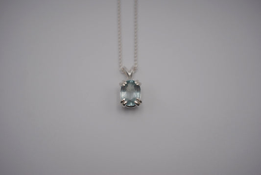 Aquamarine Necklace: Oval Cut, Silver Double Prong Setting, Adjustable Wheat Chain