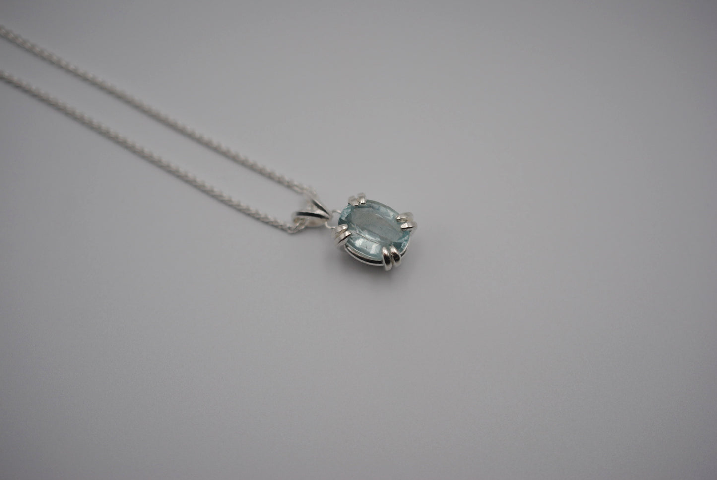 Aquamarine Necklace: Oval Cut, Silver Double Prong Setting, Adjustable Wheat Chain