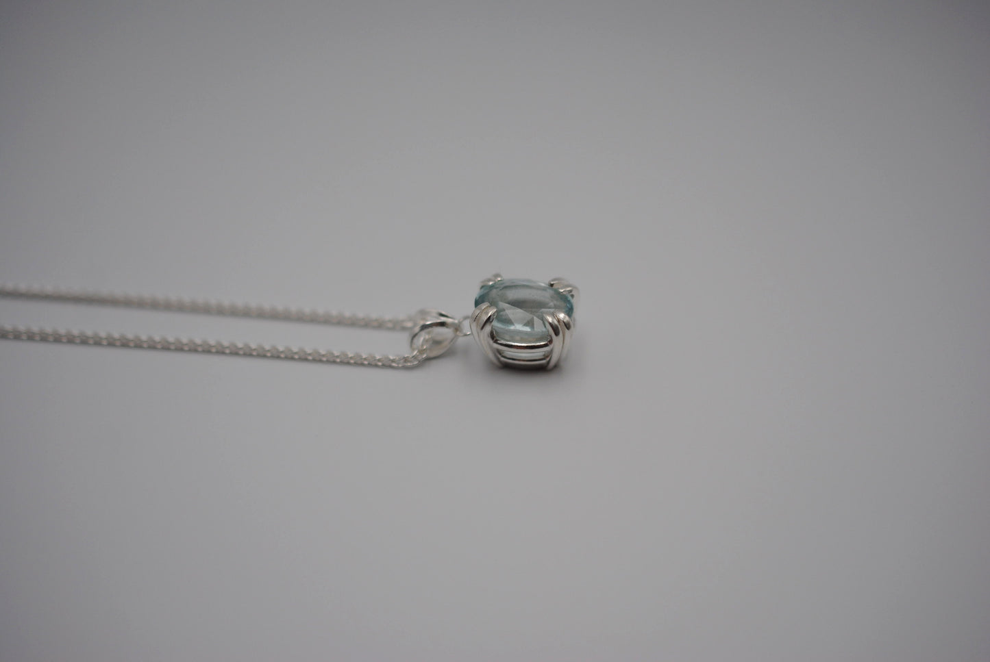 Aquamarine Necklace: Oval Cut, Silver Double Prong Setting, Adjustable Wheat Chain