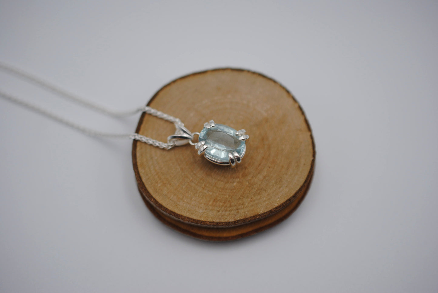 Aquamarine Necklace: Oval Cut, Silver Double Prong Setting, Adjustable Wheat Chain