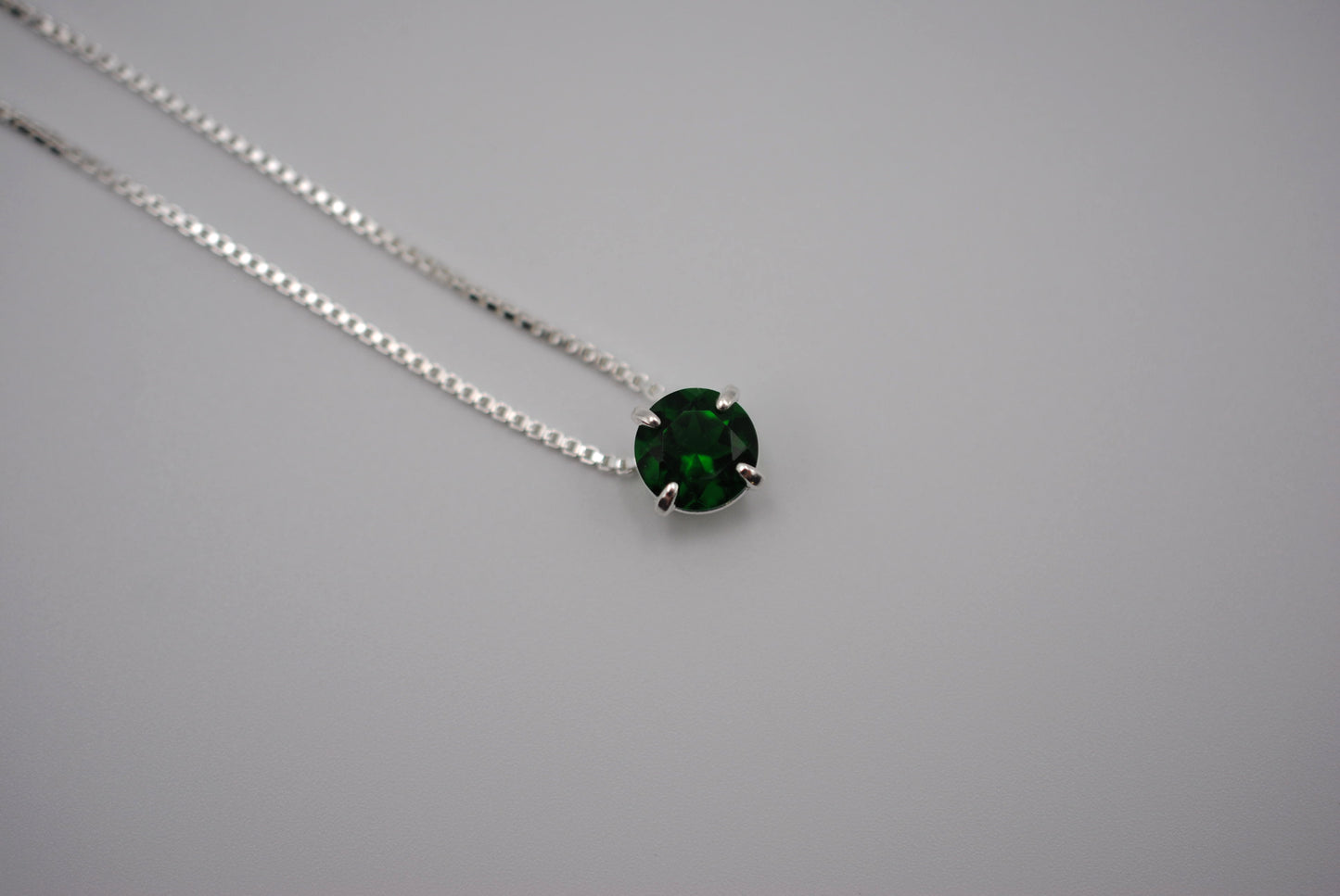 Birthstone Necklace: Round Emerald, Silver Prong Setting, Adjustable Chain